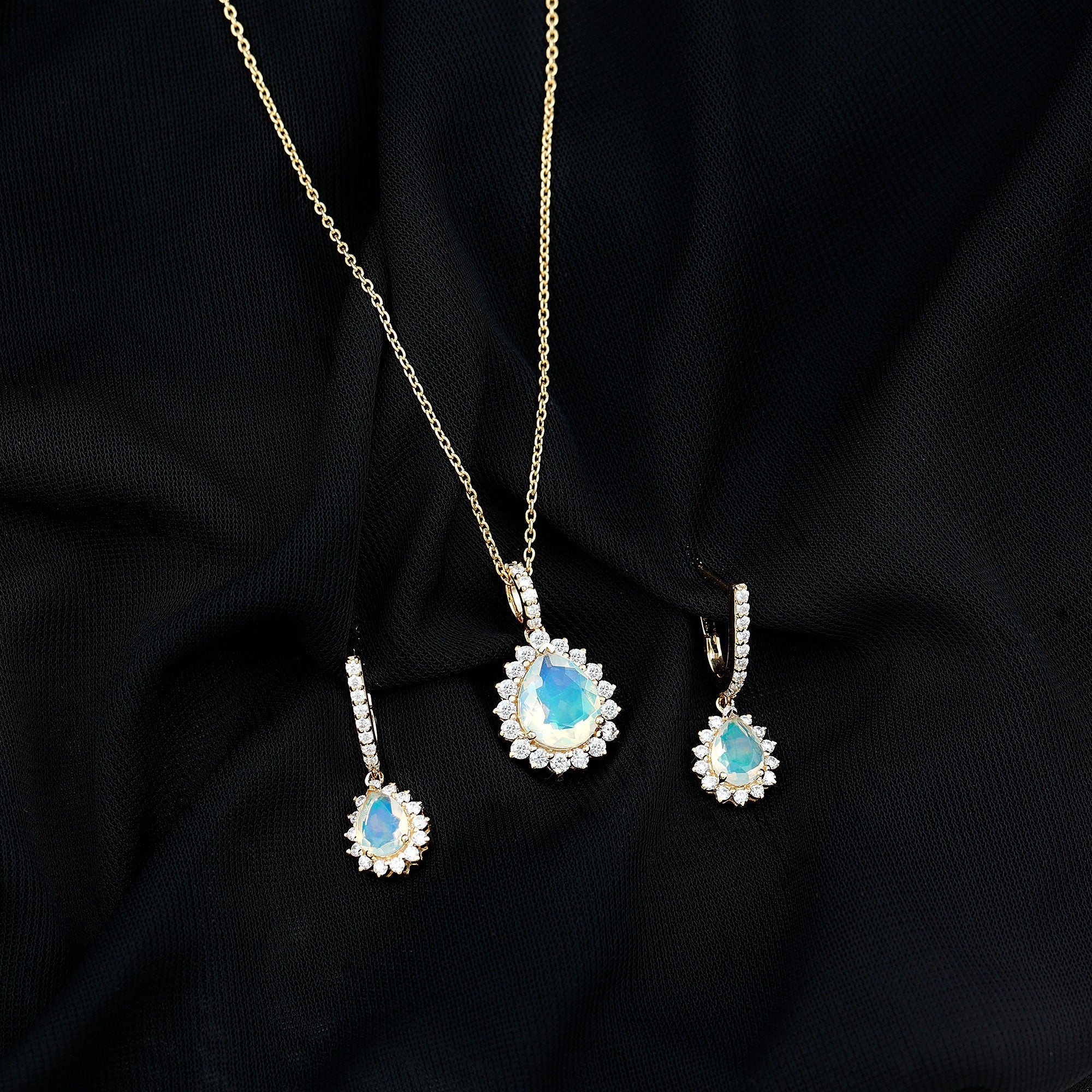 Ethiopian Opal and Moissanite Teardrop Jewelry Set