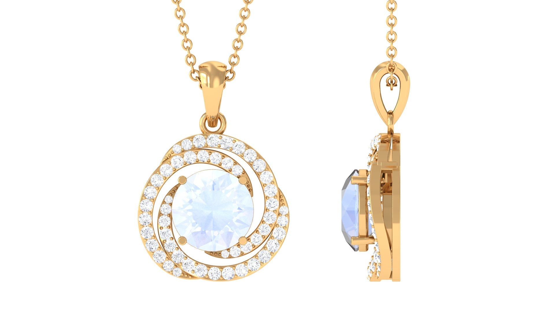Minimal Moonstone and Diamond Swirl Halo Pendant Necklace