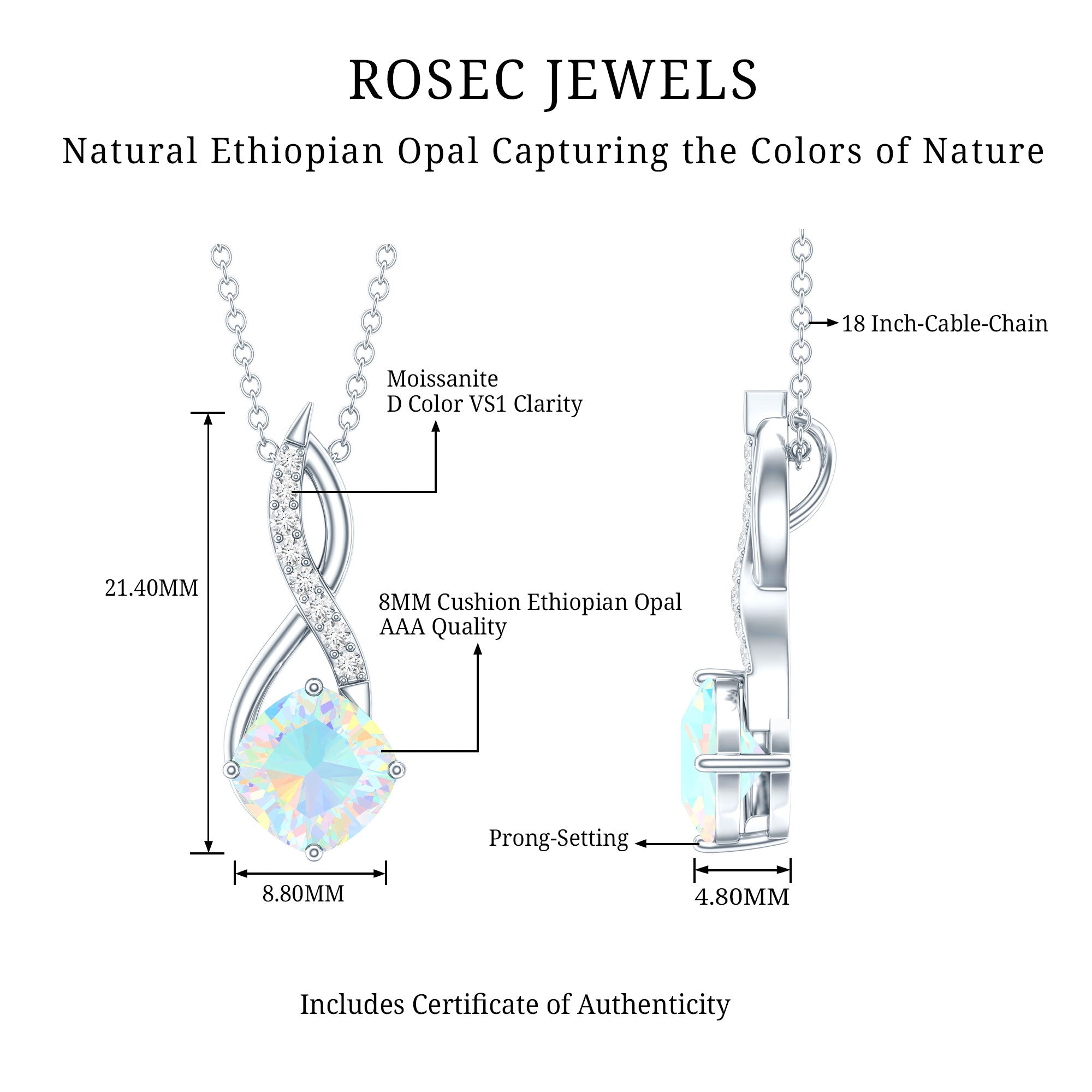 1.87 Carat Cushion Cut Ethiopian Opal Infinity Pendant with Silver Chain