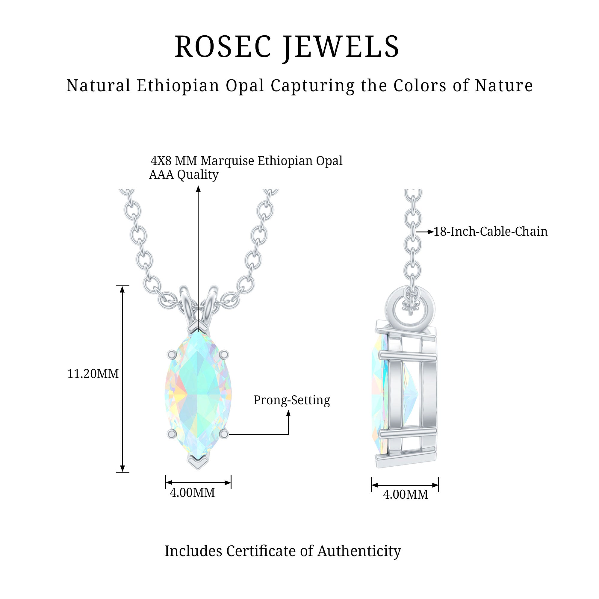 Marquise Cut 0.5 Carat Ethiopian Opal Solitaire Necklace with Silver Chain