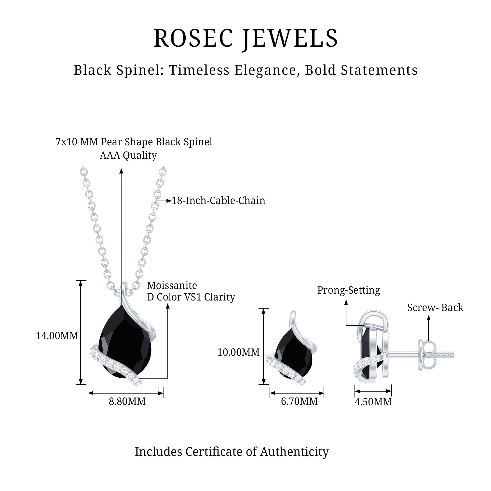 Natural Black Spinel and Moissanite Teardrop Jewelry Set in Silver