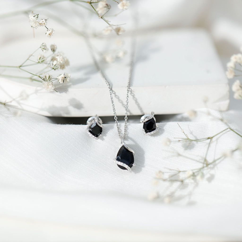 Natural Black Spinel and Moissanite Teardrop Jewelry Set in Silver