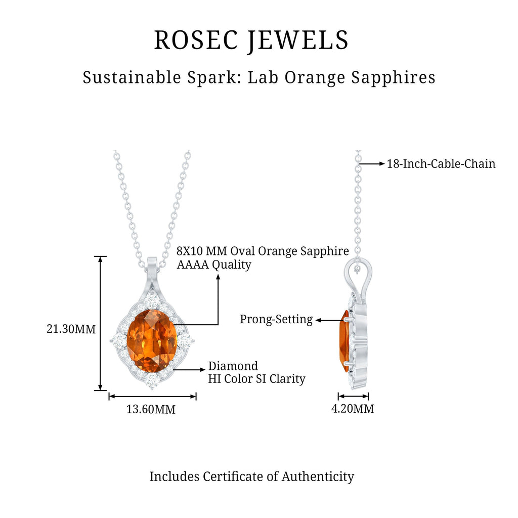 Vintage Looking 4 Carat Created Orange Sapphire Oval Pendant with Diamond Halo