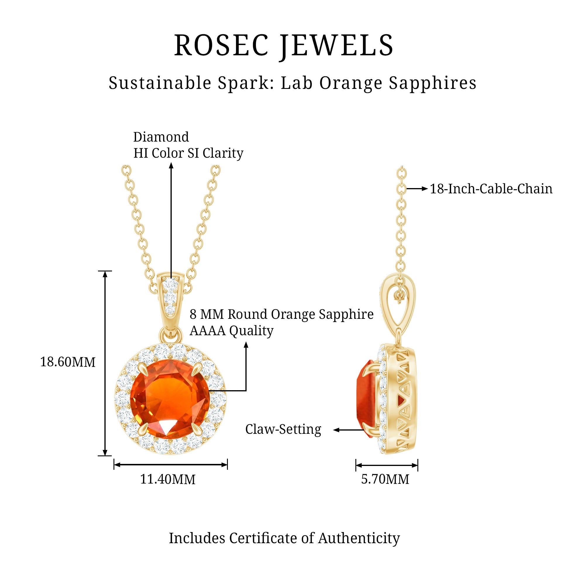 Created Orange Sapphire Pendant Necklace with Diamond Halo