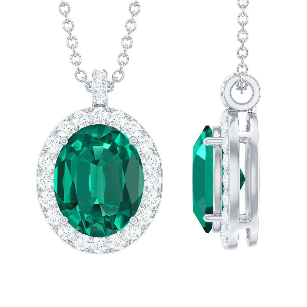 3 Carat Oval Lab Created Emerald Pendant with Diamond Halo
