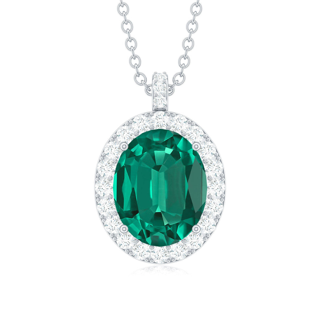 3 Carat Oval Lab Created Emerald Pendant with Diamond Halo