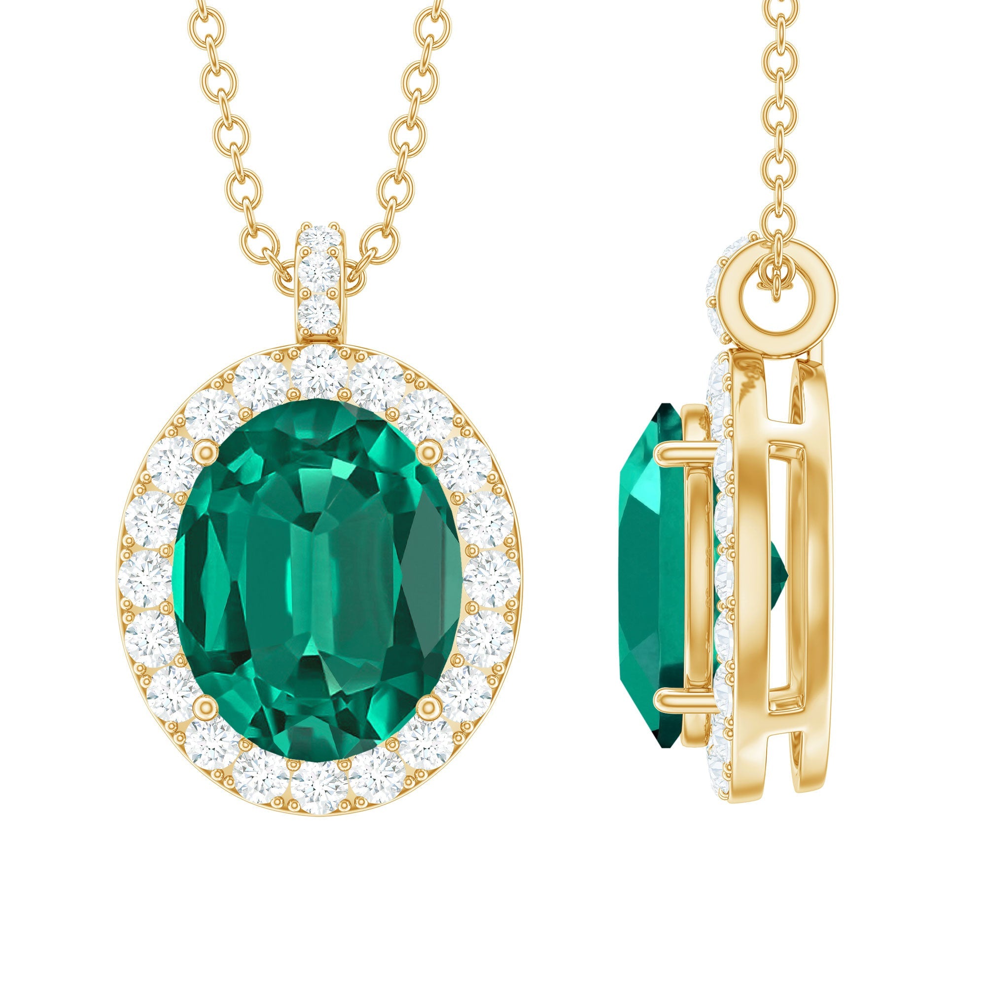 3 Carat Oval Lab Created Emerald Pendant with Diamond Halo