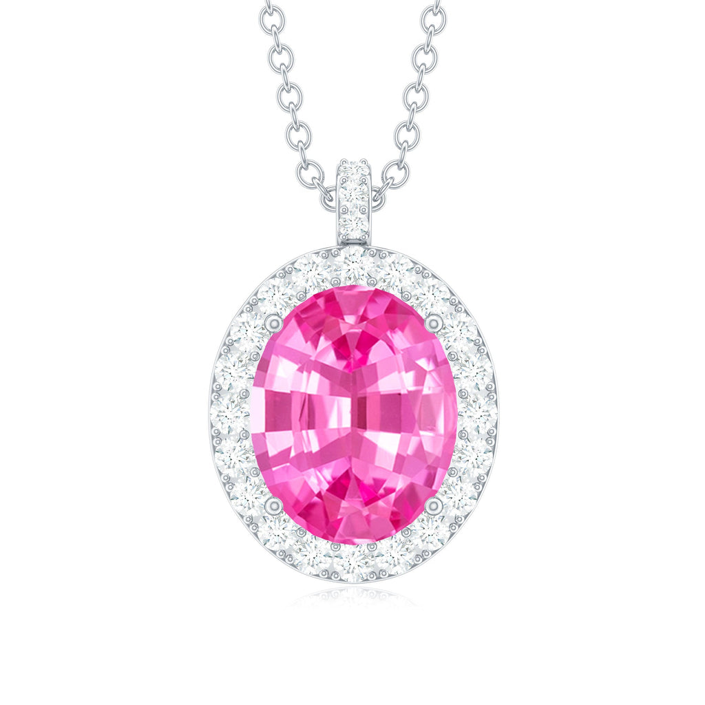 4 Carat Oval Lab Created Pink Sapphire Necklace with Diamonds