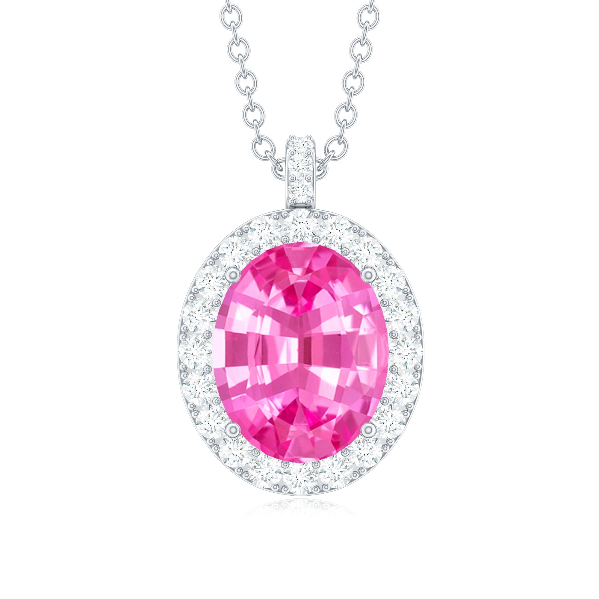4 Carat Oval Lab Created Pink Sapphire Necklace with Diamonds