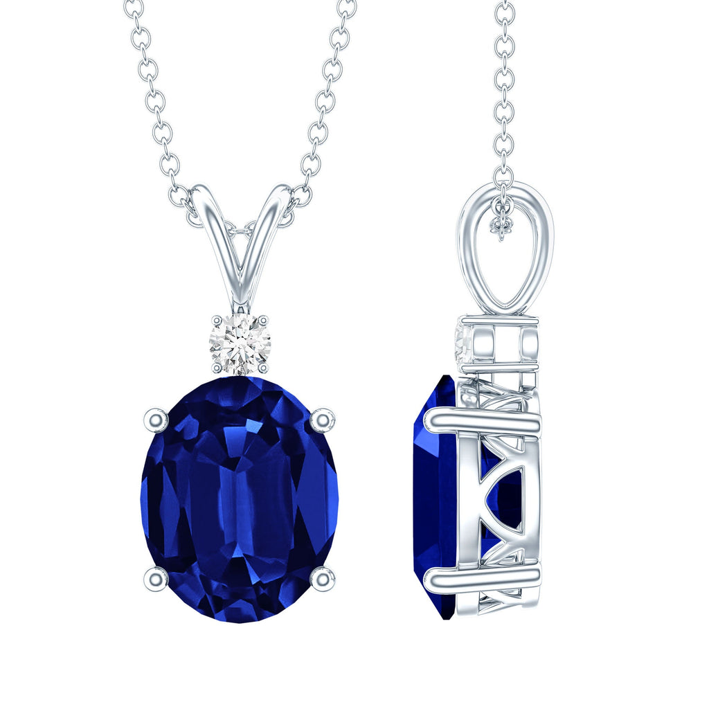 4 Carat Lab Grown Blue Sapphire Oval Cut Solitaire Necklace with Silver Chain