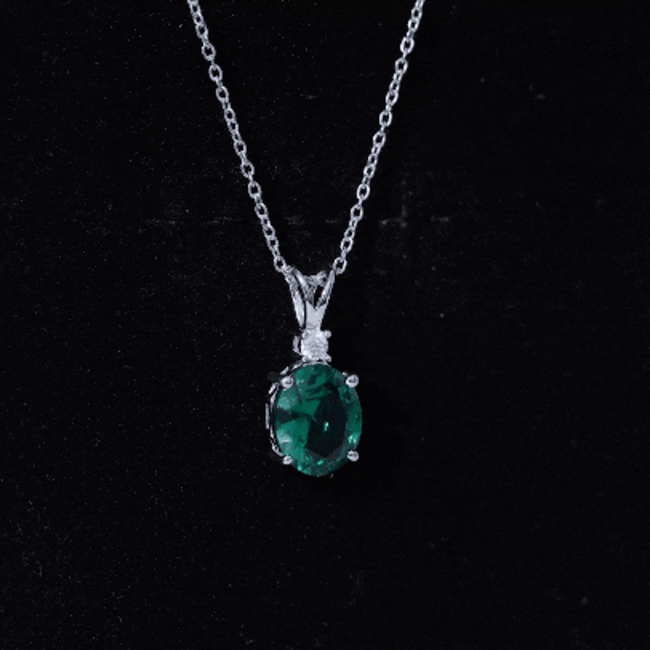 8X10 MM Oval Lab Grown Emerald Solitaire Necklace With Silver Chain