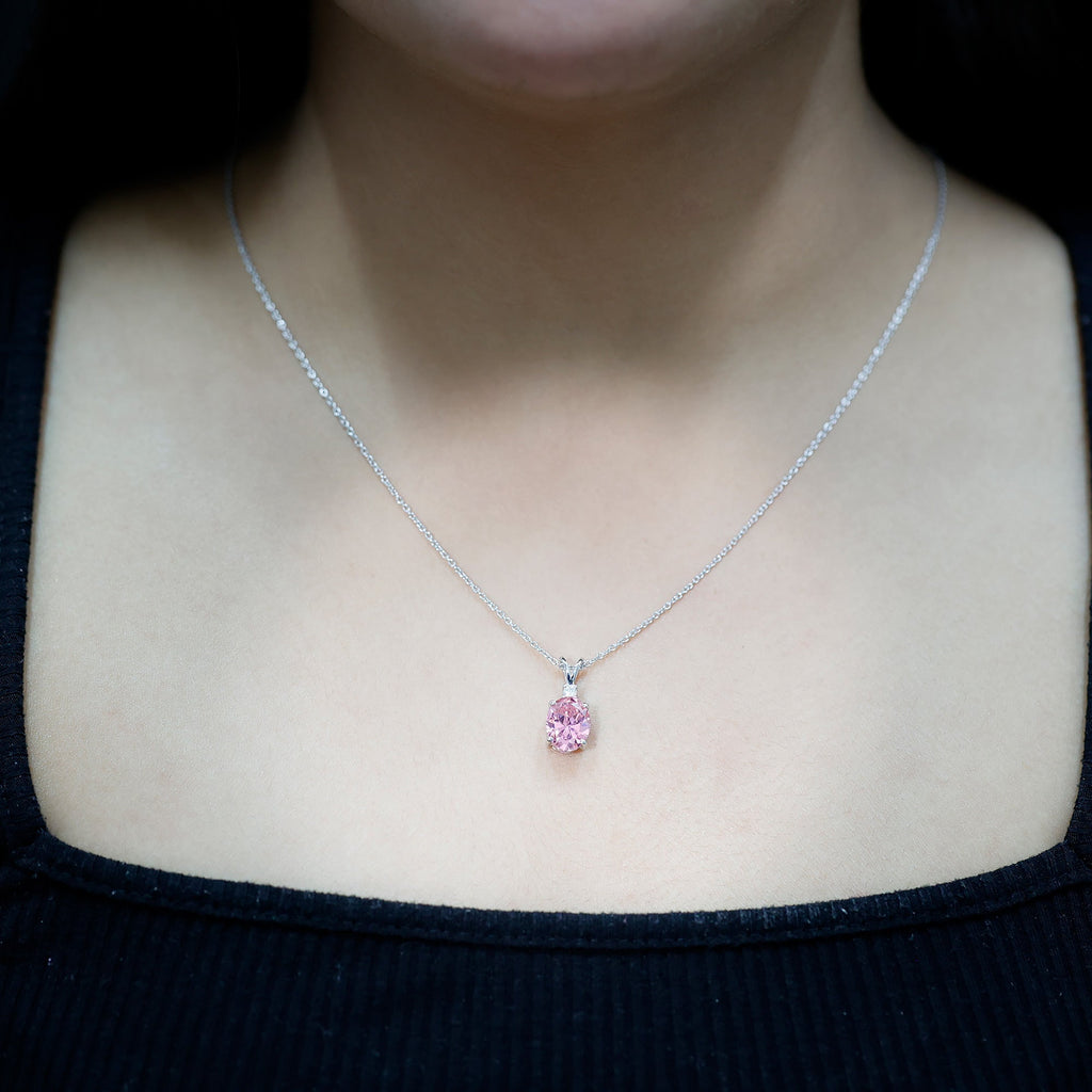 Certified 4 Carat Lab Grown Pink Sapphire Oval Necklace with Silver Chain