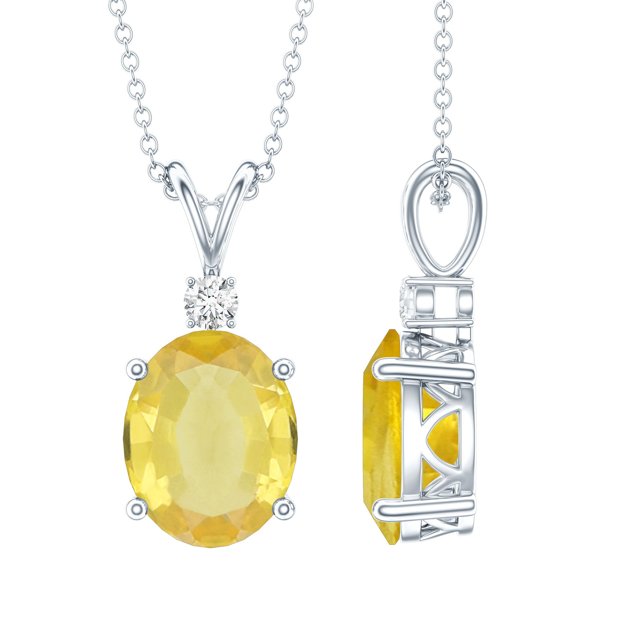 4 Carat Lab Grown Yellow Sapphire Oval Necklace with Silver Chain