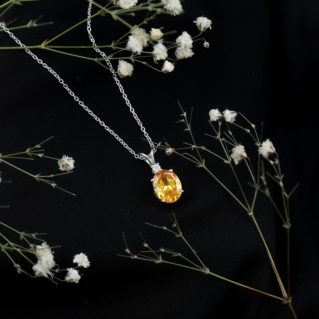 4 Carat Lab Grown Yellow Sapphire Oval Necklace with Silver Chain