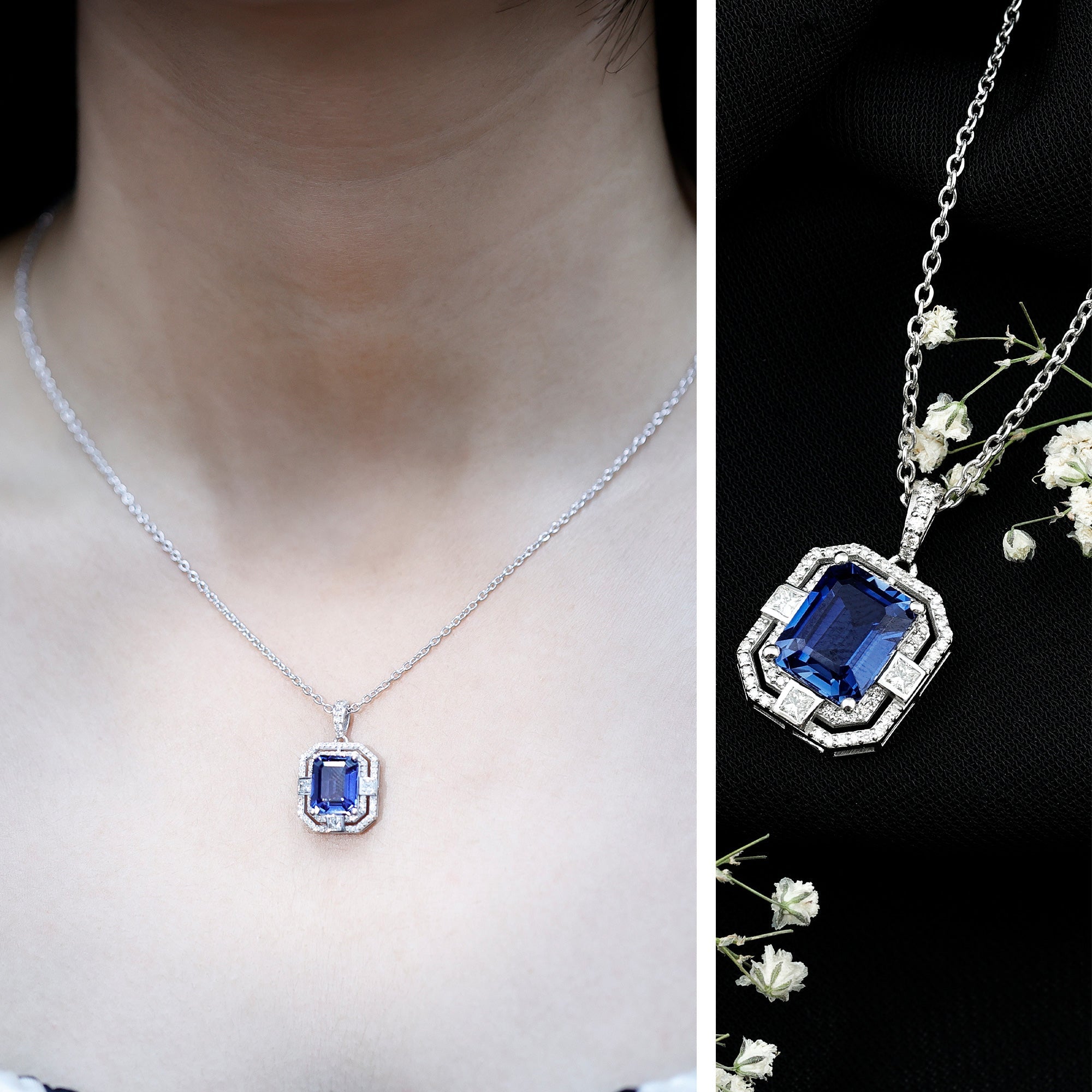 8x10mm Emerald Cut Lab Created Blue Sapphire Vintage Necklace with Diamond