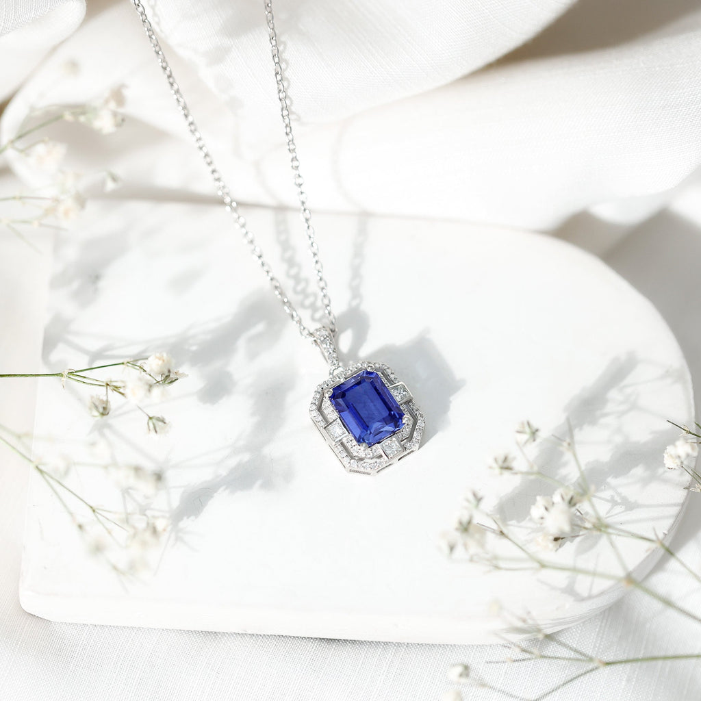 8x10mm Emerald Cut Lab Created Blue Sapphire Vintage Necklace with Diamond