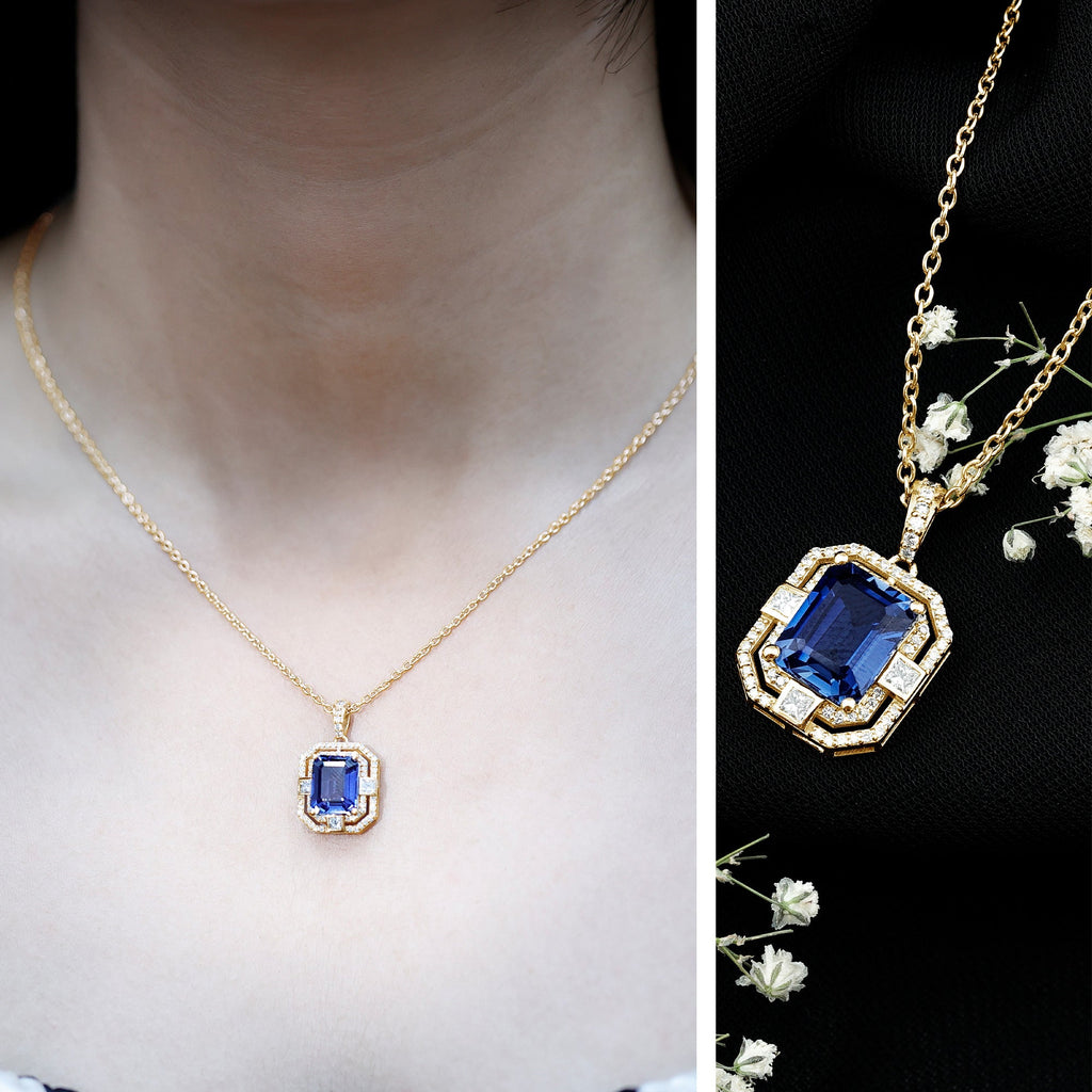 8x10mm Emerald Cut Lab Created Blue Sapphire Vintage Necklace with Diamond