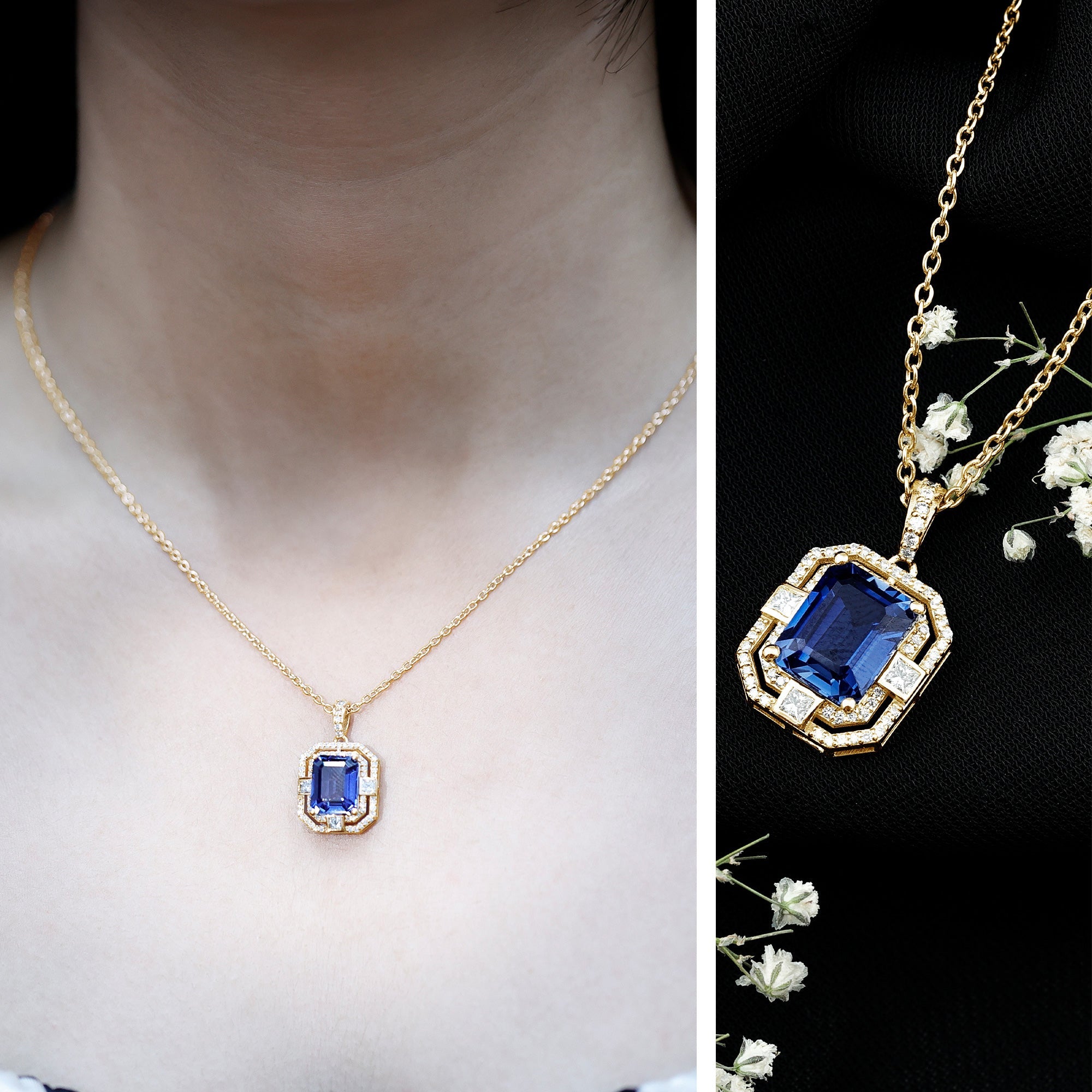 8x10mm Emerald Cut Lab Created Blue Sapphire Vintage Necklace with Diamond