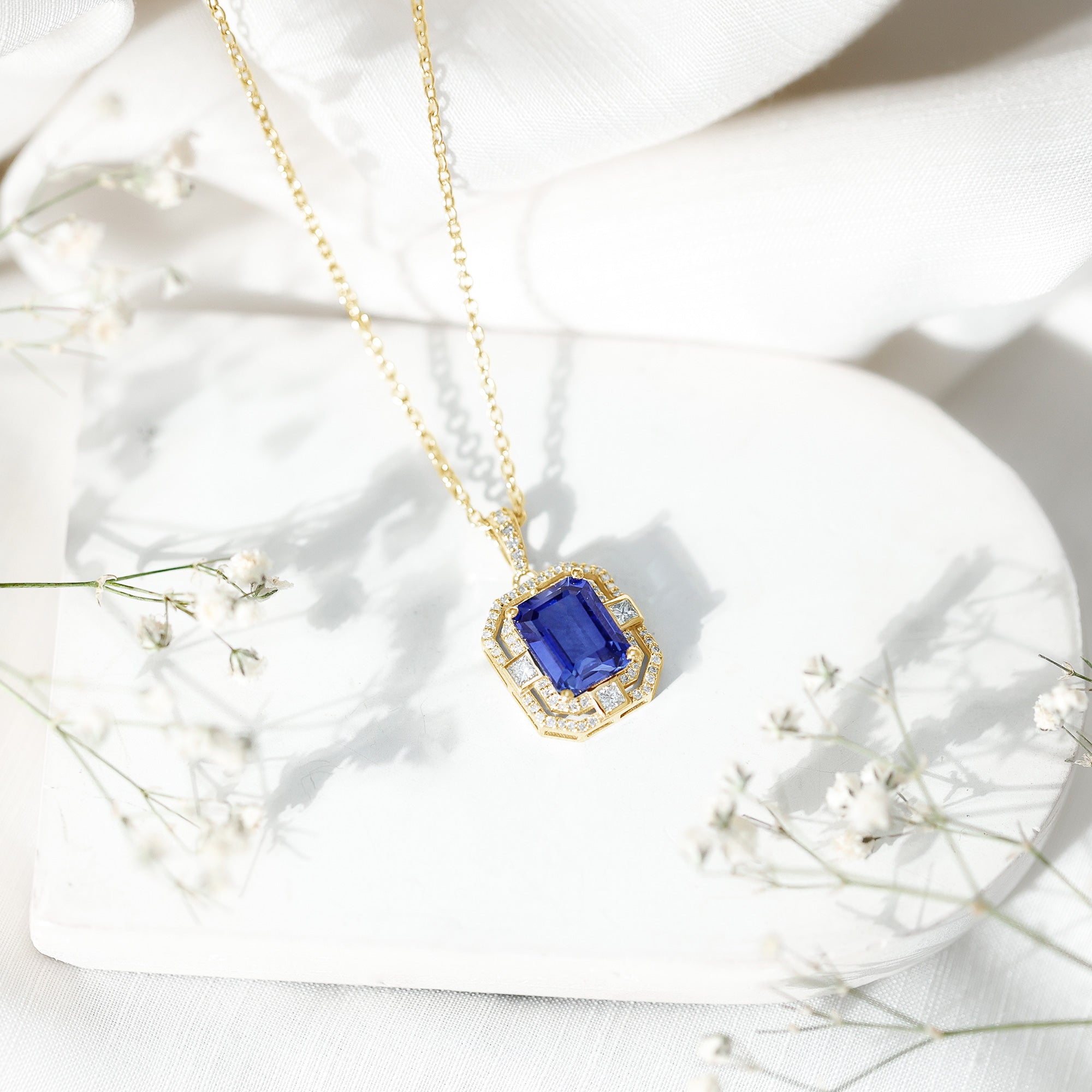 8x10mm Emerald Cut Lab Created Blue Sapphire Vintage Necklace with Diamond