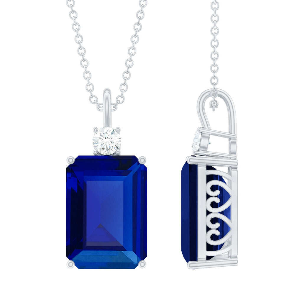 9 Carat Lab Grown Blue Sapphire Emerald Cut Necklace with Diamond