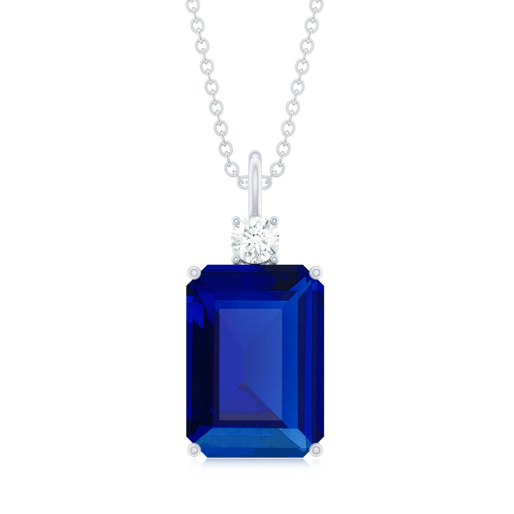 9 Carat Lab Grown Blue Sapphire Emerald Cut Necklace with Diamond