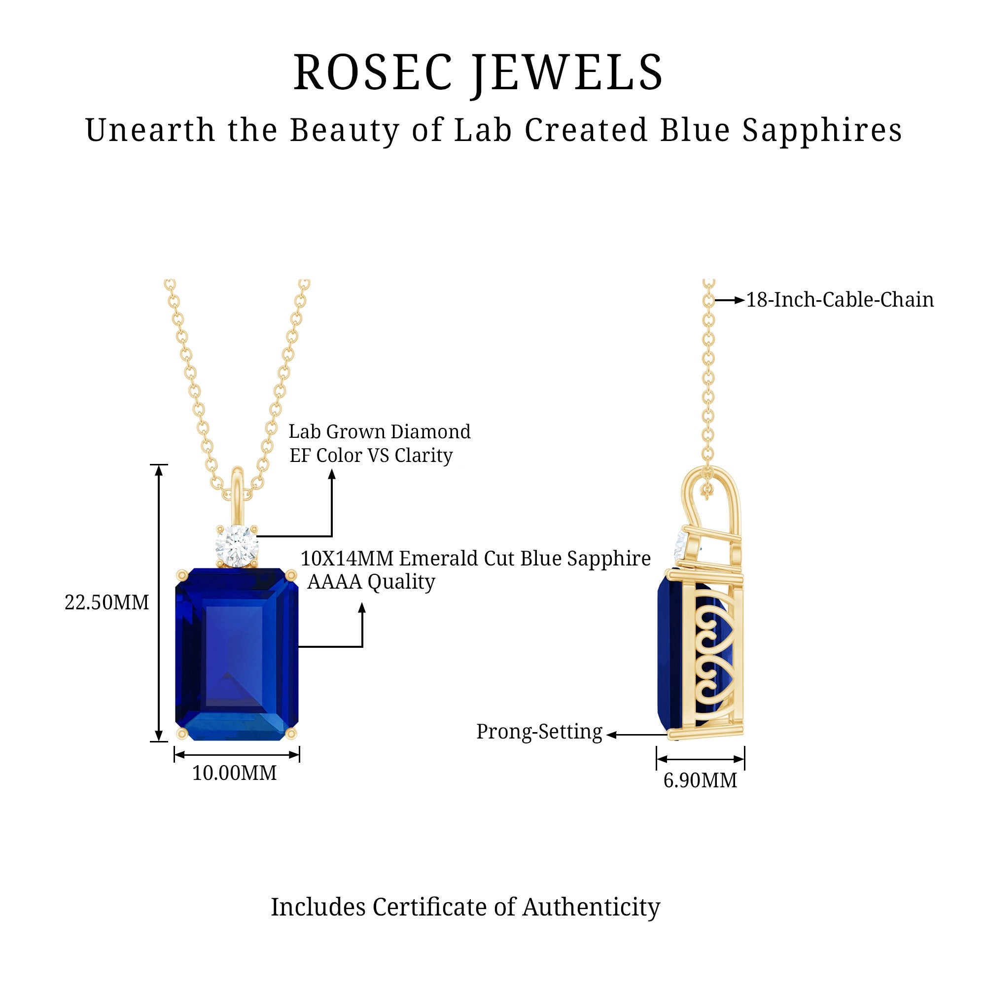 9 Carat Lab Grown Blue Sapphire Emerald Cut Necklace with Diamond