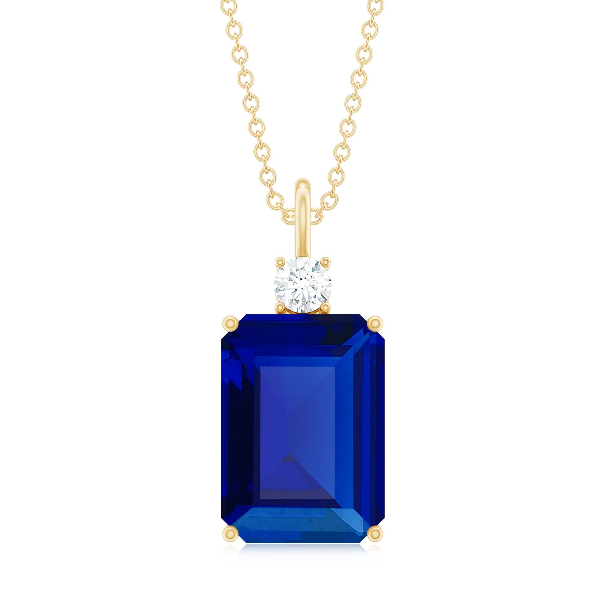 9 Carat Lab Grown Blue Sapphire Emerald Cut Necklace with Diamond