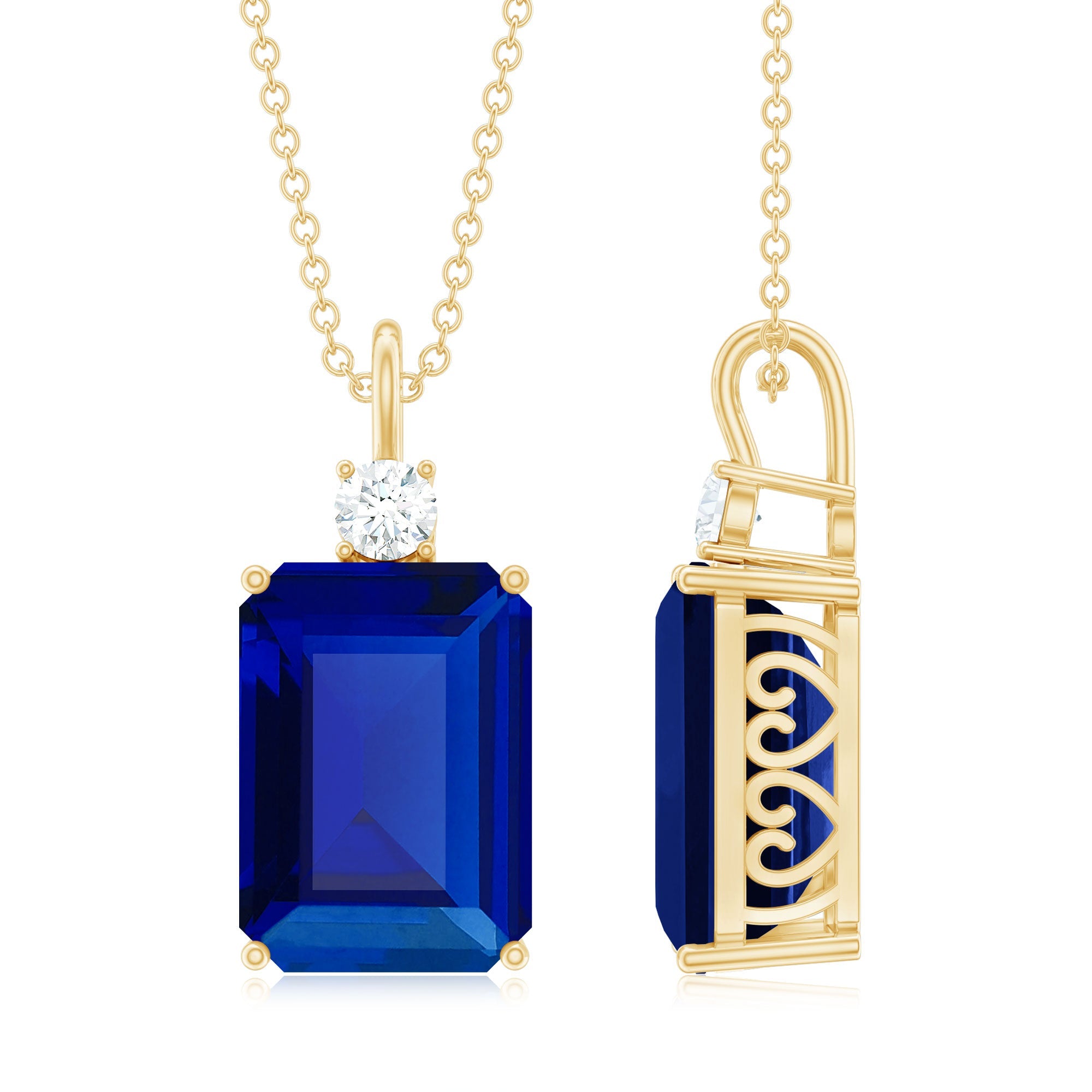9 Carat Lab Grown Blue Sapphire Emerald Cut Necklace with Diamond