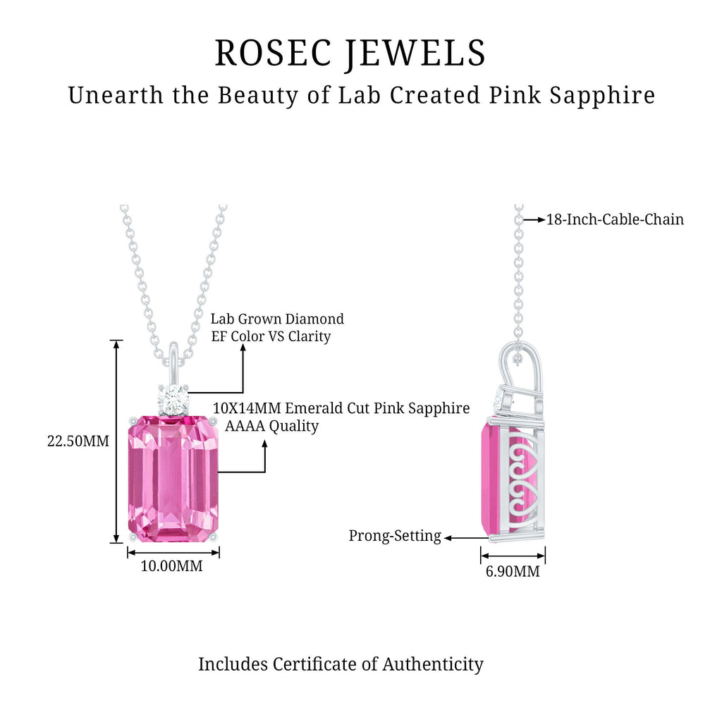 9 Carat Emerald Cut Lab Created Pink Sapphire Pendant with Diamond