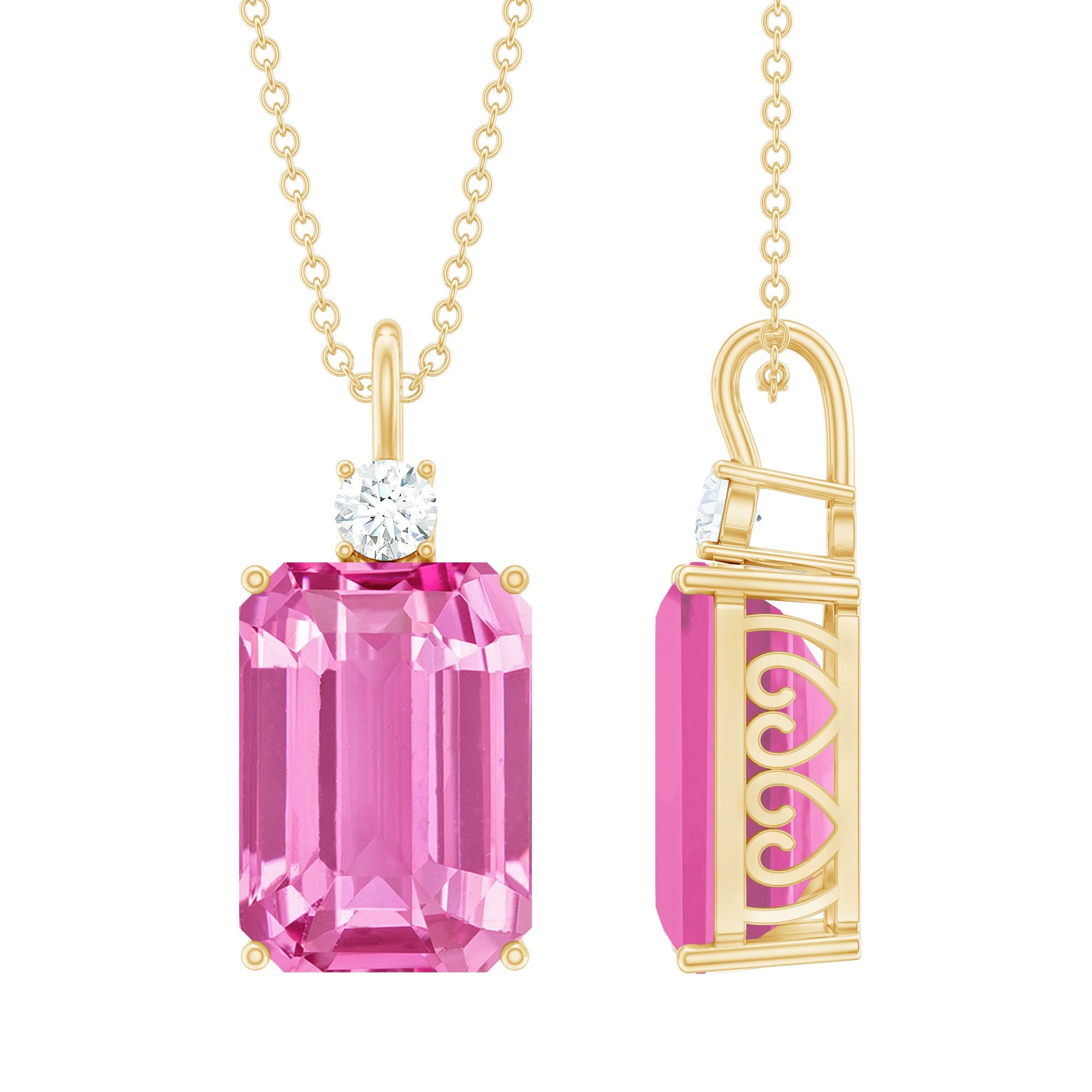 9 Carat Emerald Cut Lab Created Pink Sapphire Pendant with Diamond