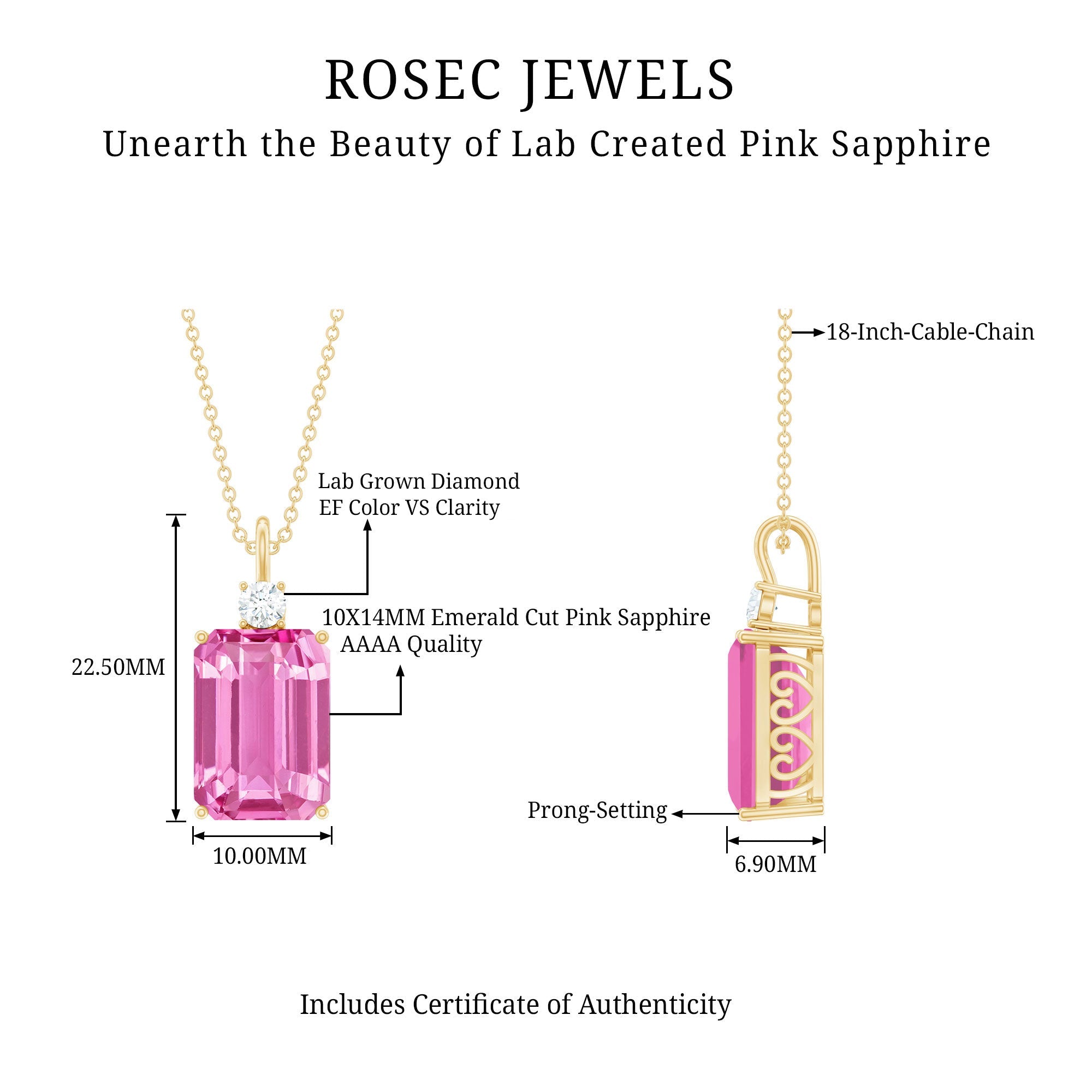 9 Carat Emerald Cut Lab Created Pink Sapphire Pendant with Diamond