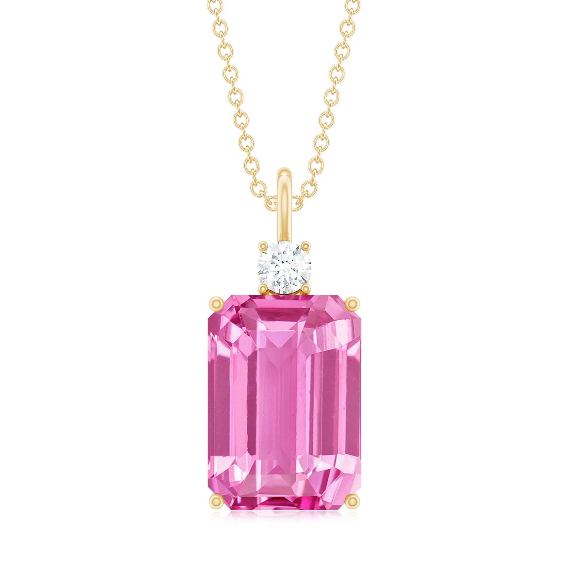 9 Carat Emerald Cut Lab Created Pink Sapphire Pendant with Diamond