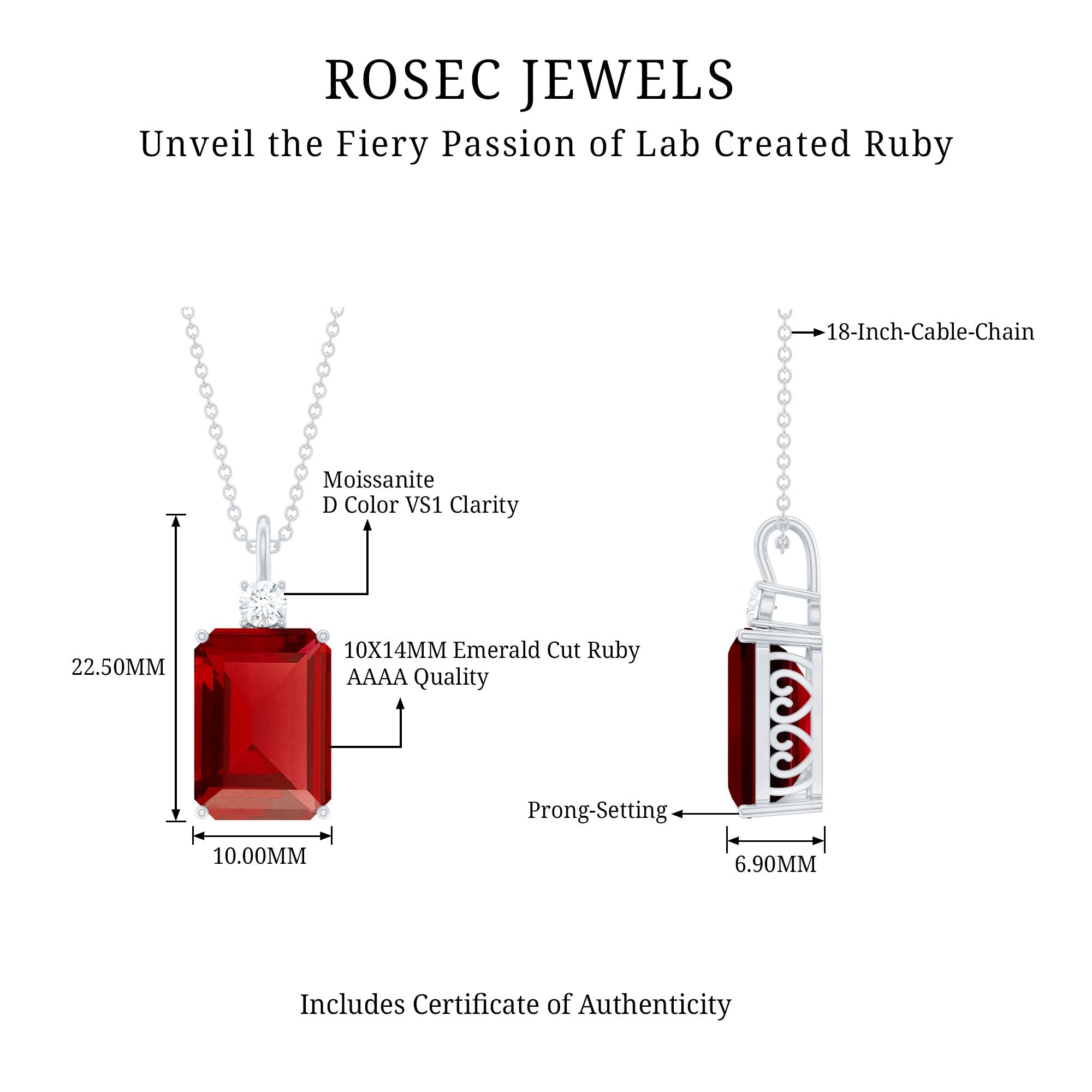 5 Carat Emerald Cut Lab Created Ruby Solitaire Pendant with Diamond