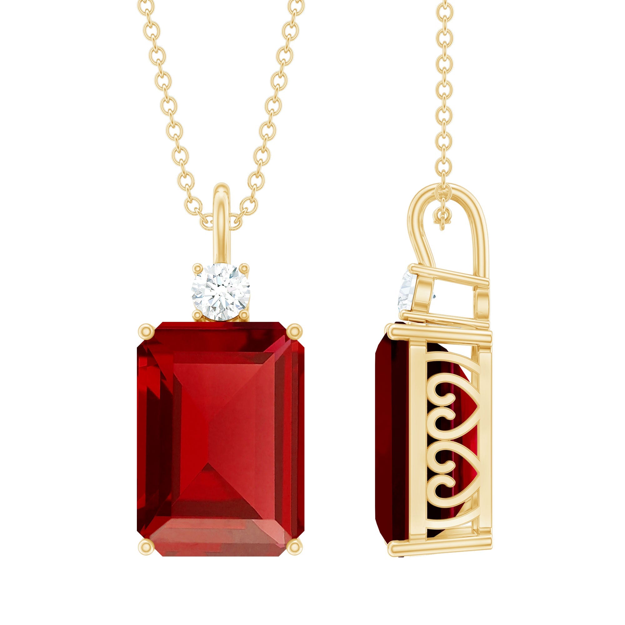 5 Carat Emerald Cut Lab Created Ruby Solitaire Pendant with Diamond