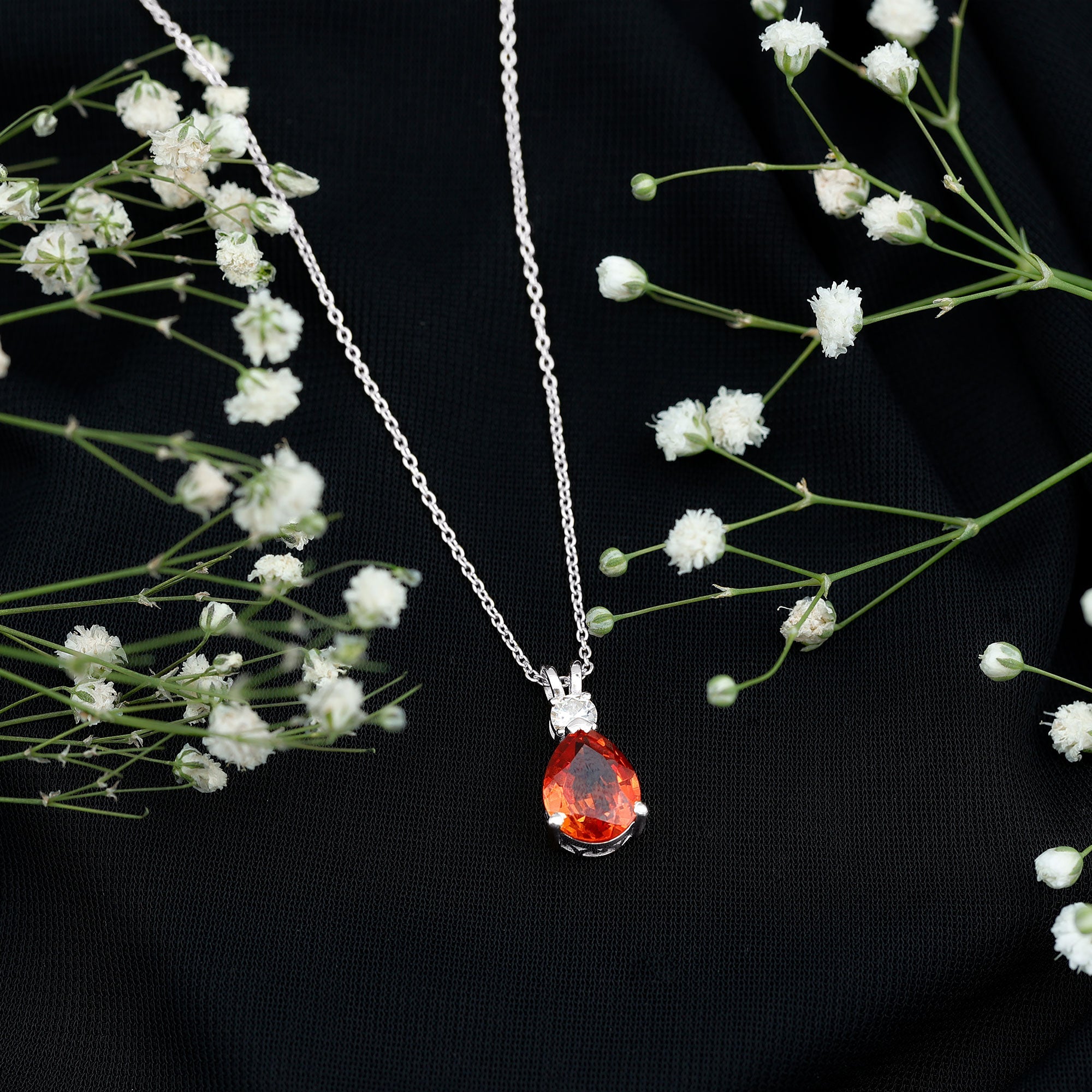 3 Carat Lab Created Orange Sapphire Teardrop Necklace with Diamond