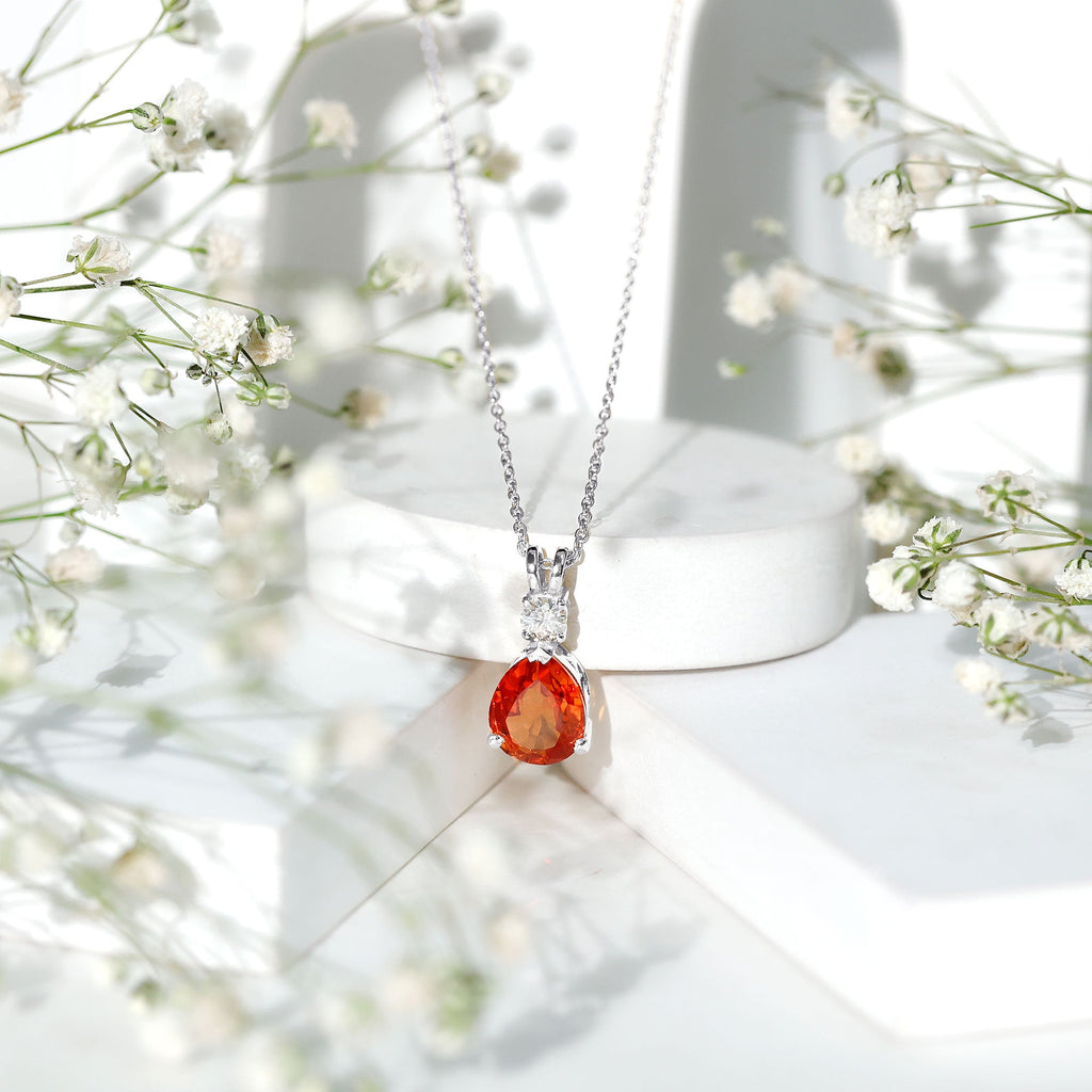 3 Carat Lab Created Orange Sapphire Teardrop Necklace with Diamond