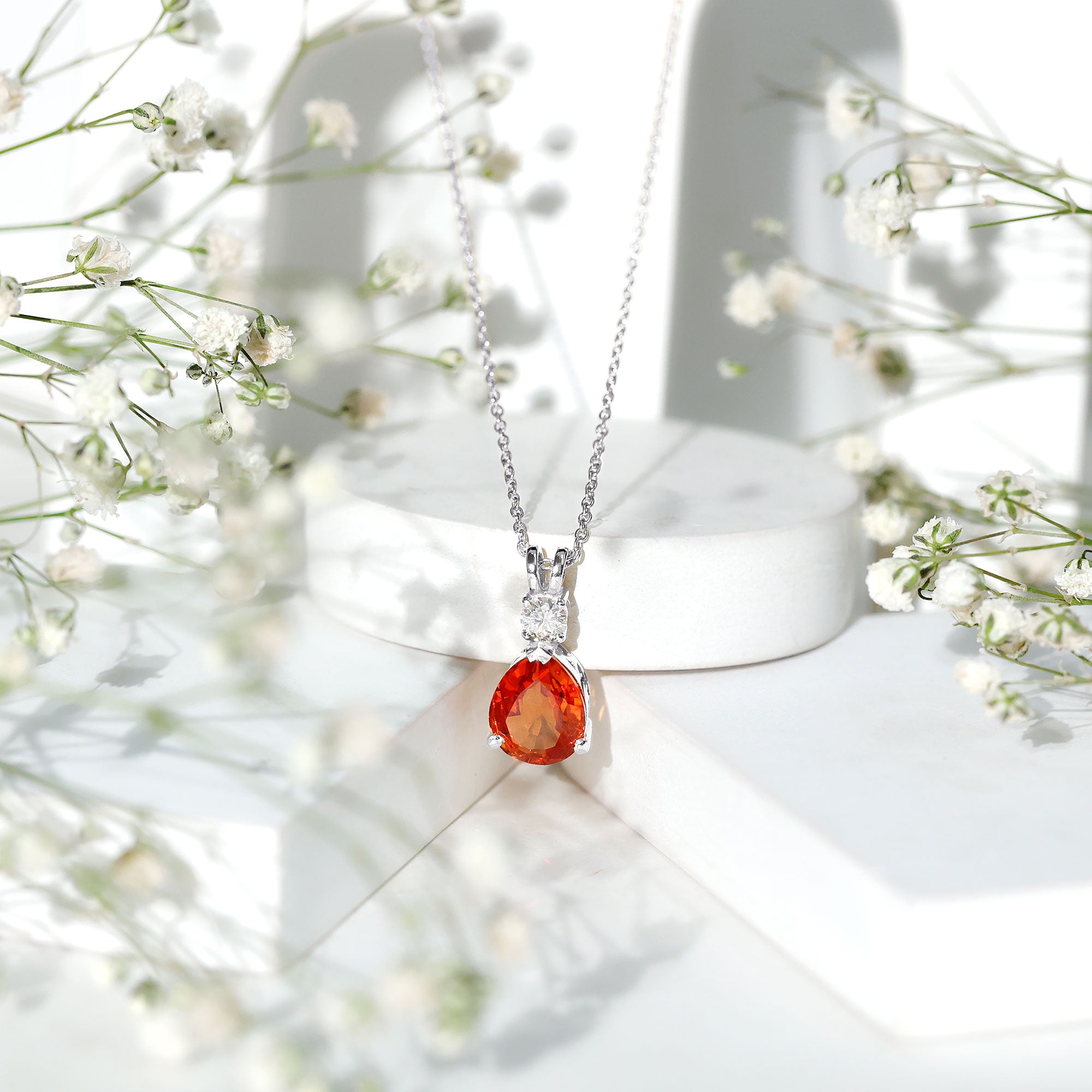 3 Carat Lab Created Orange Sapphire Teardrop Necklace with Diamond