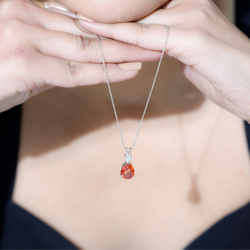 3 Carat Lab Created Orange Sapphire Teardrop Necklace with Diamond