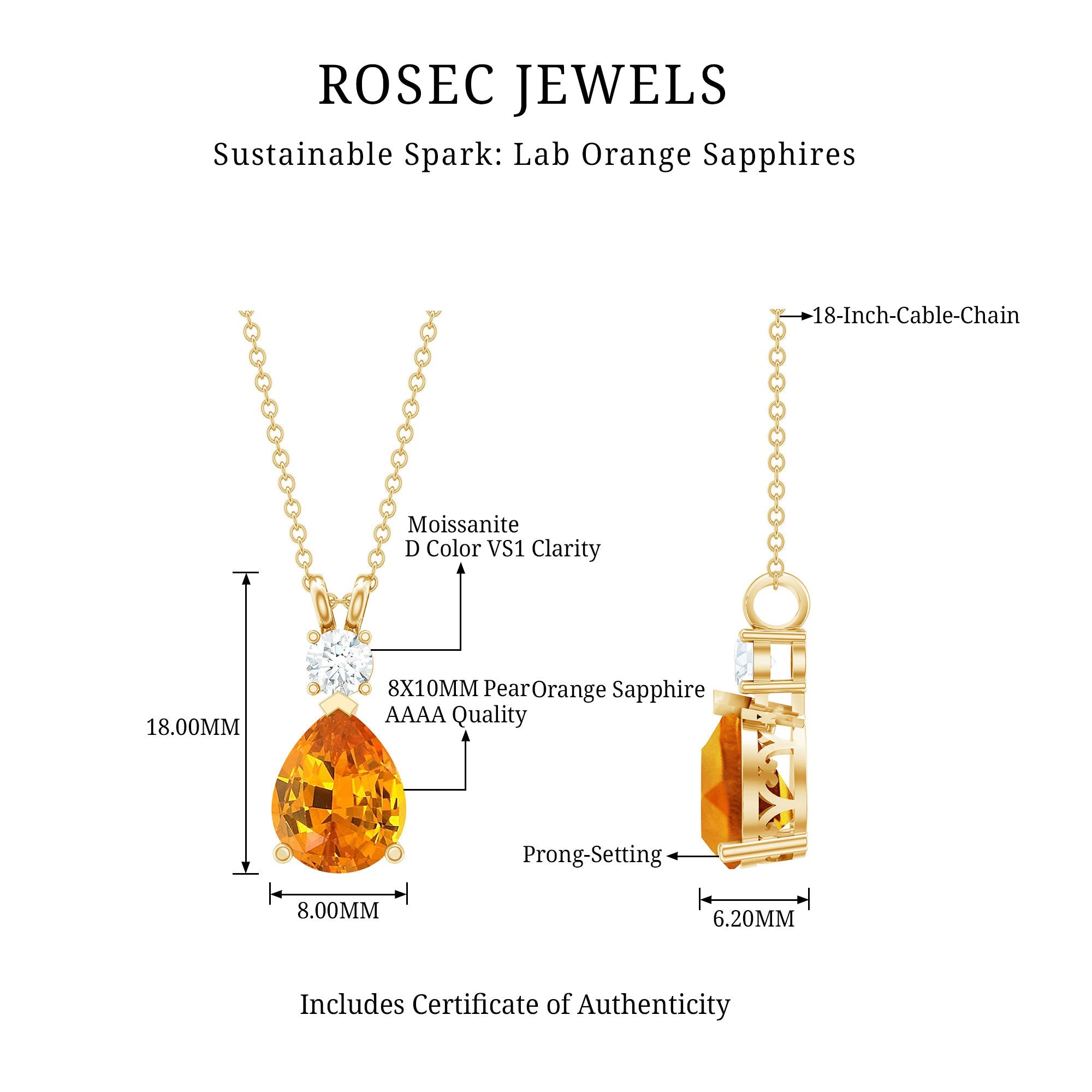 3 Carat Lab Created Orange Sapphire Teardrop Necklace with Diamond