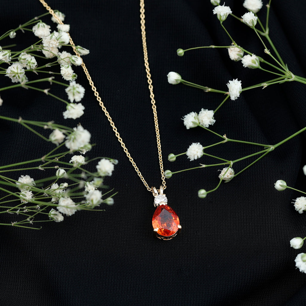 3 Carat Lab Created Orange Sapphire Teardrop Necklace with Diamond