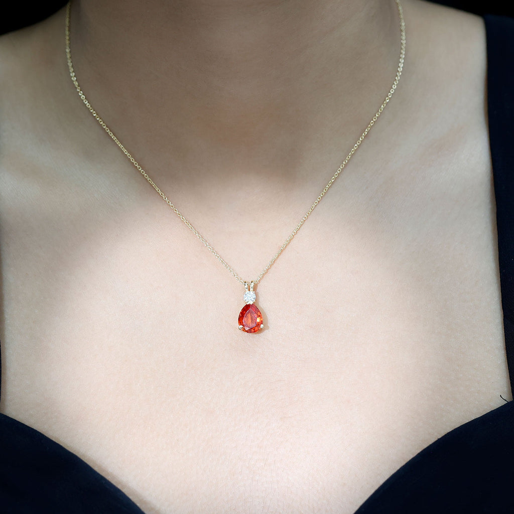 3 Carat Lab Created Orange Sapphire Teardrop Necklace with Diamond