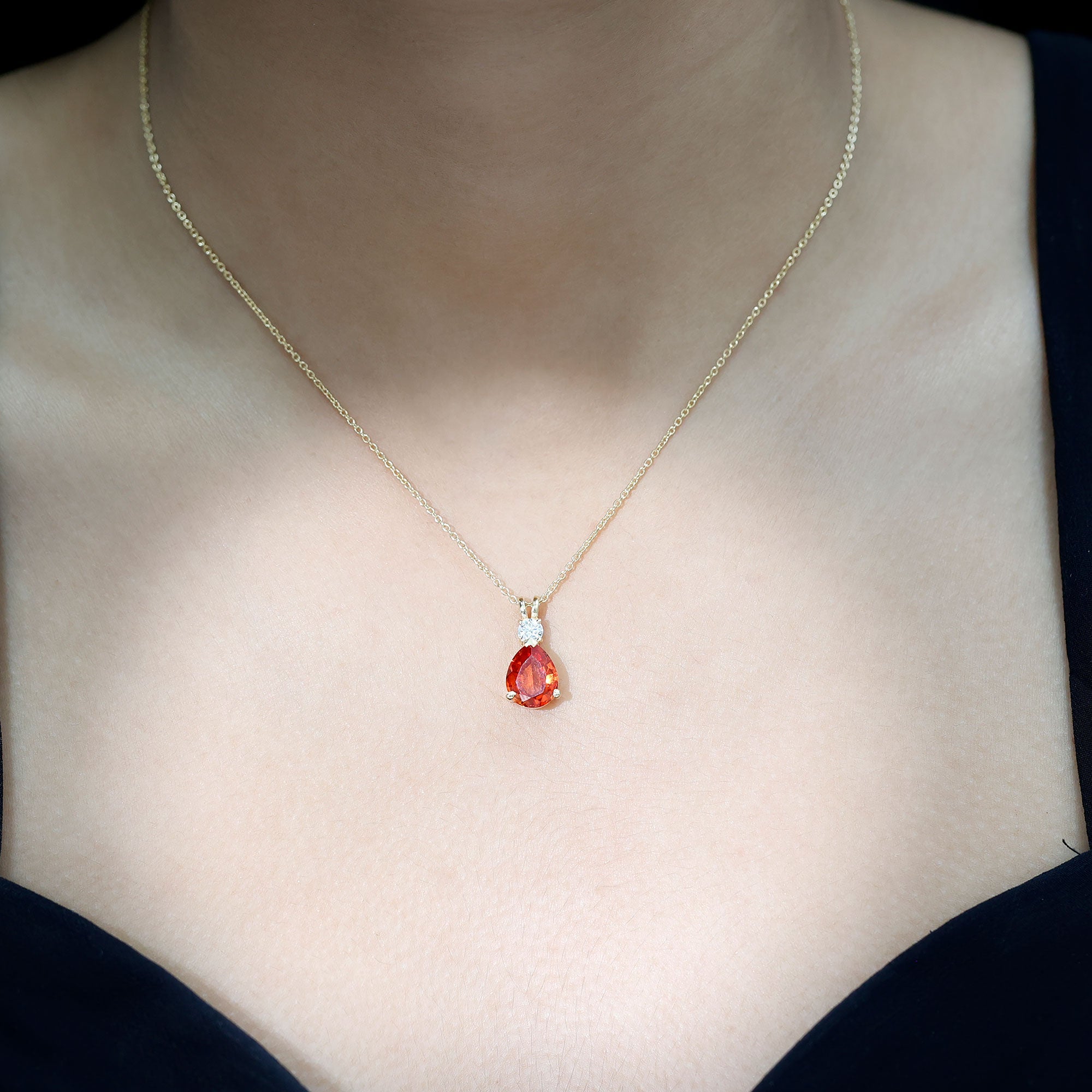 3 Carat Lab Created Orange Sapphire Teardrop Necklace with Diamond