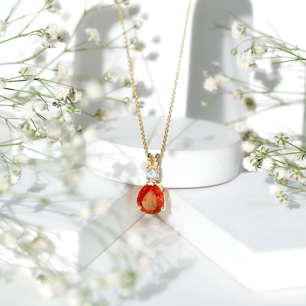 3 Carat Lab Created Orange Sapphire Teardrop Necklace with Diamond