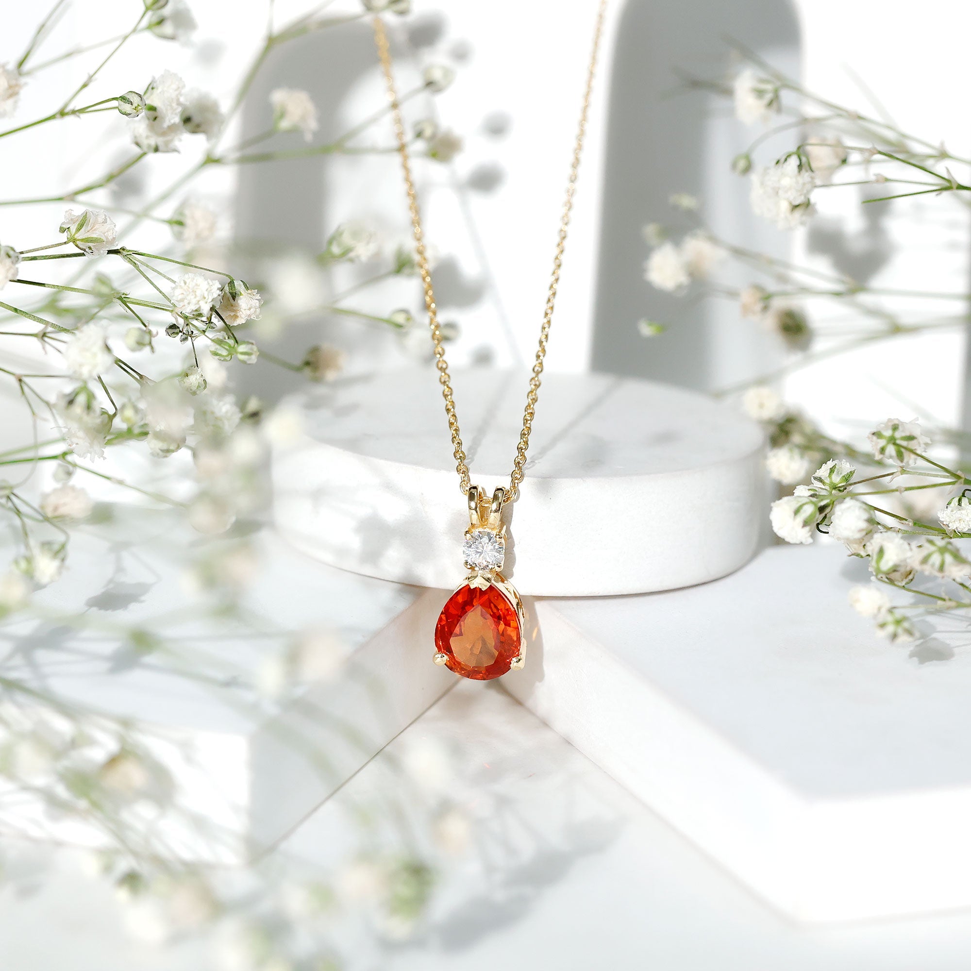 3 Carat Lab Created Orange Sapphire Teardrop Necklace with Diamond