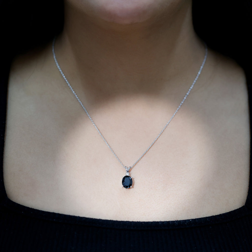 Lab Created Black Diamond Oval Necklace with Silver Chain