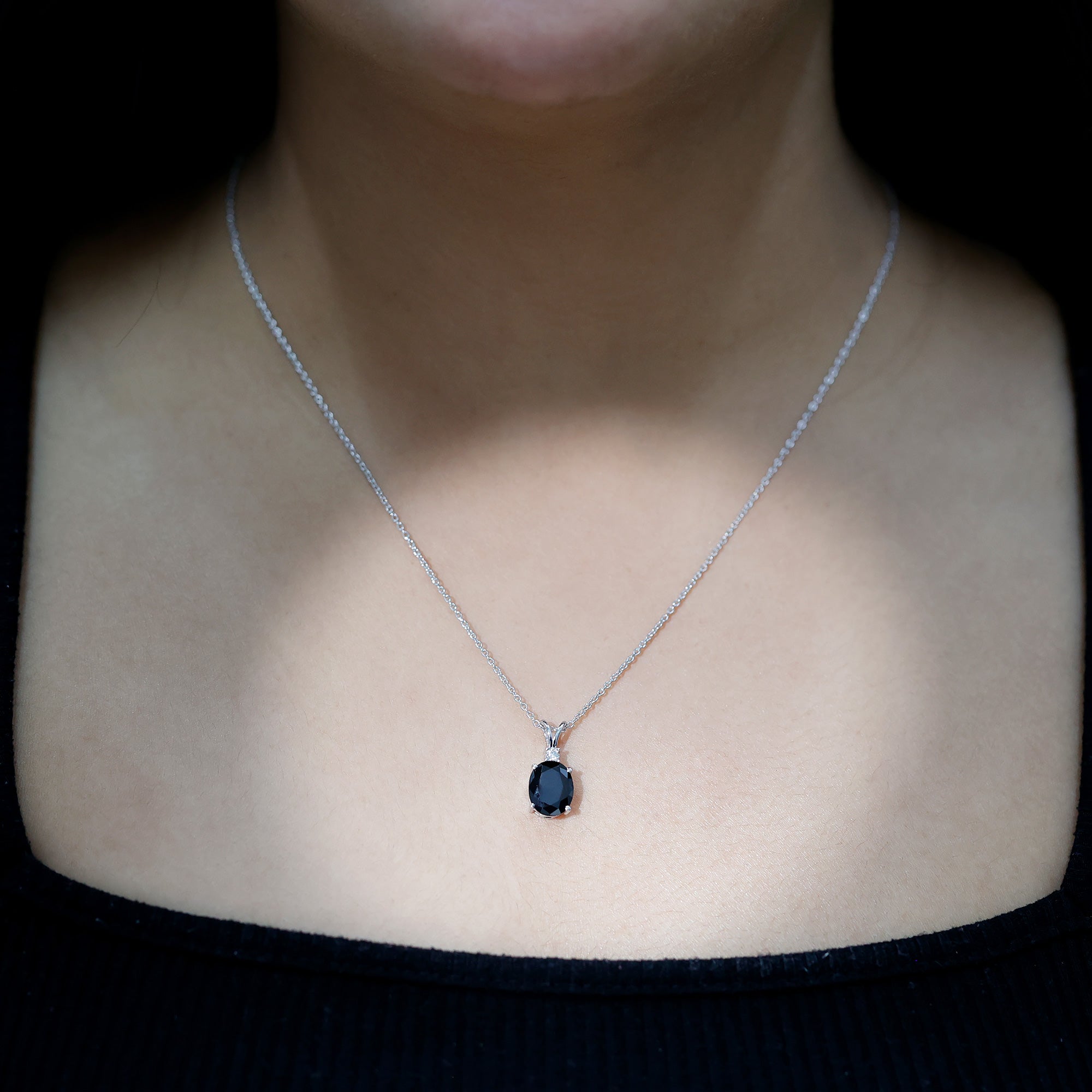 Lab Created Black Diamond Oval Necklace with Silver Chain
