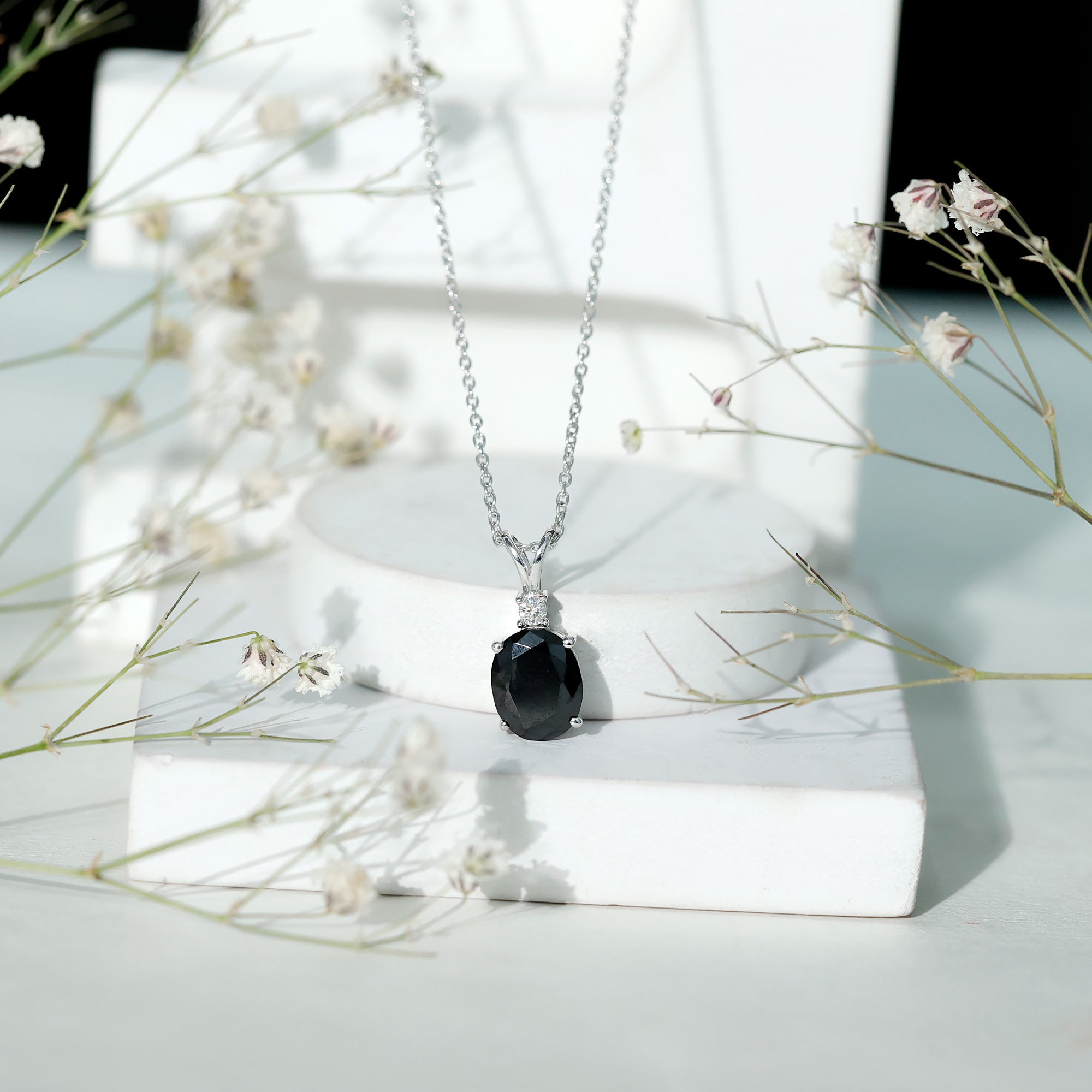 Lab Created Black Diamond Oval Necklace with Silver Chain
