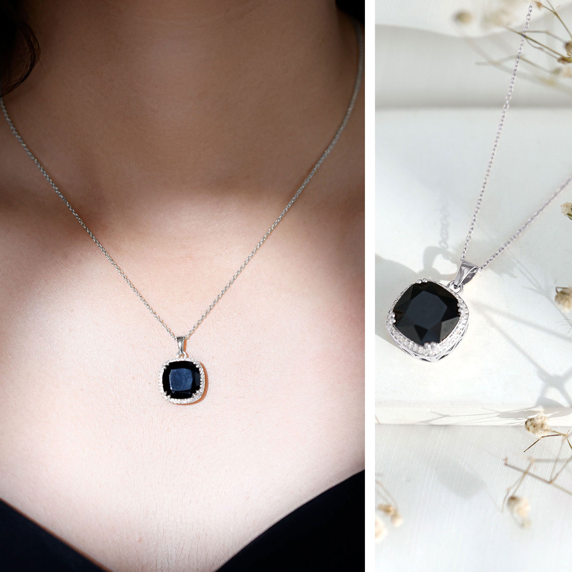 6 Carat Cushion Cut Lab Grown Black and White Diamond Halo Necklace