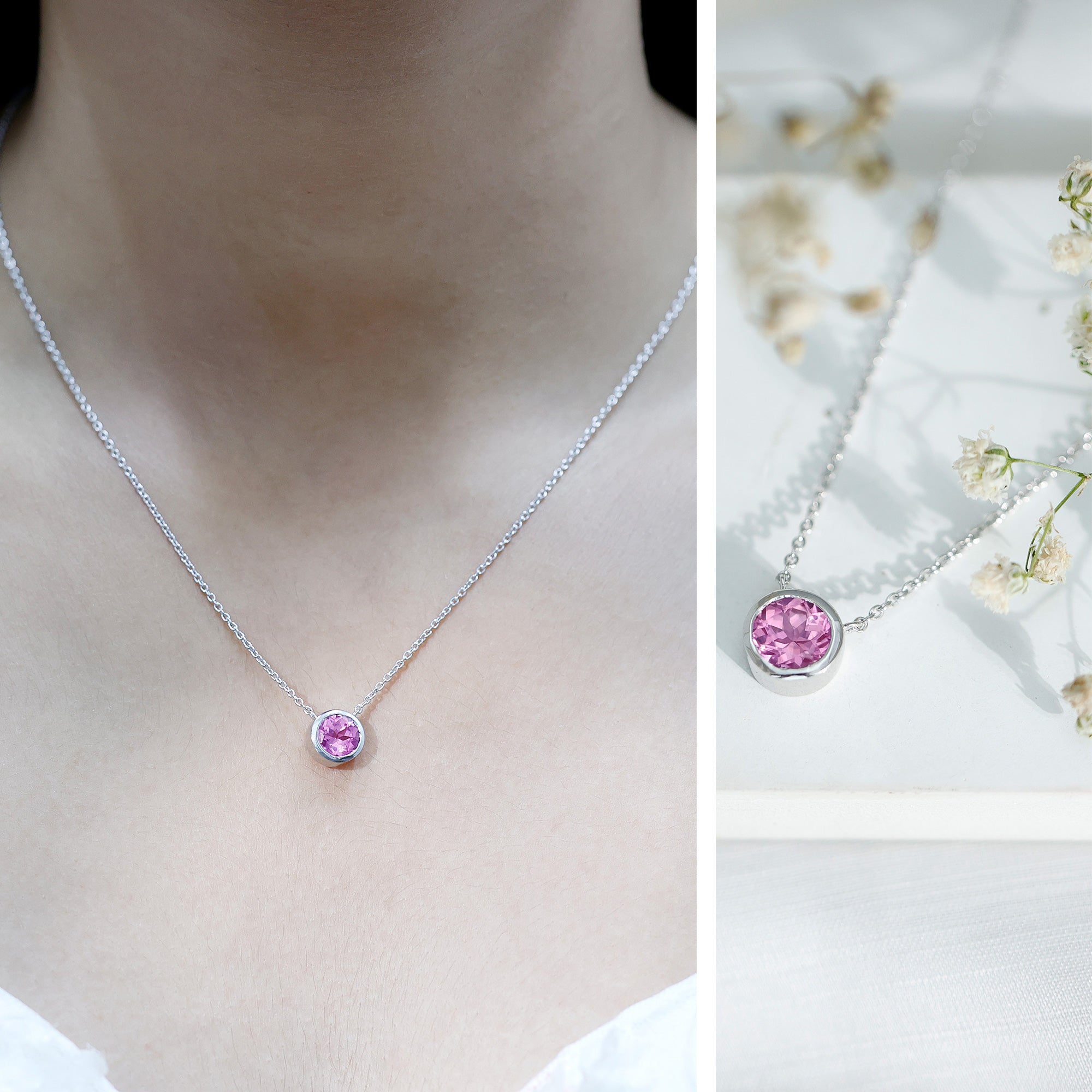 1.67 Carat Lab Grown Pink Sapphire Solitaire Necklace in Bezel Setting