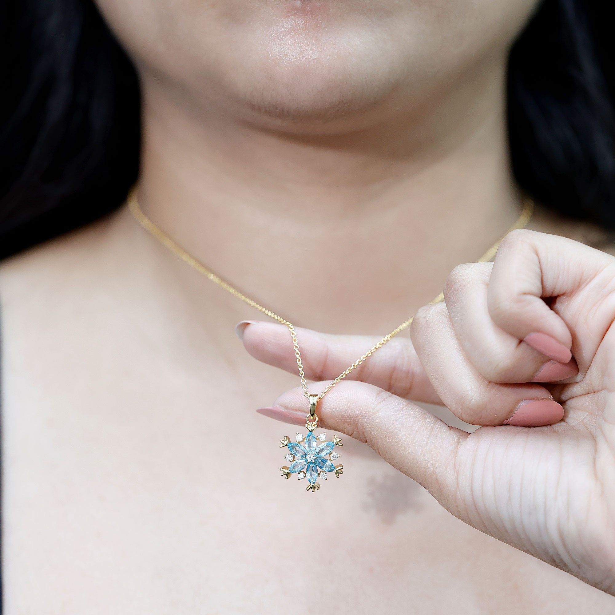 Real Swiss Blue Topaz Snowflake Necklace with Silver Chain
